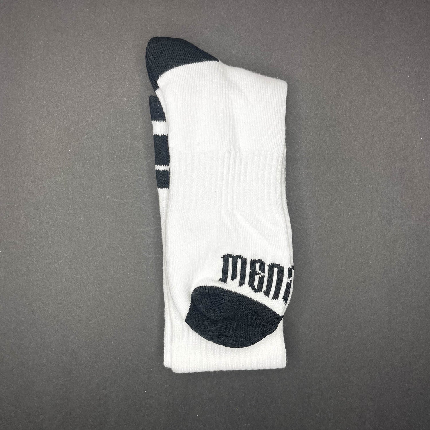 Menace Clothing black and white Hood Rat knee high socks with Menace on toes.