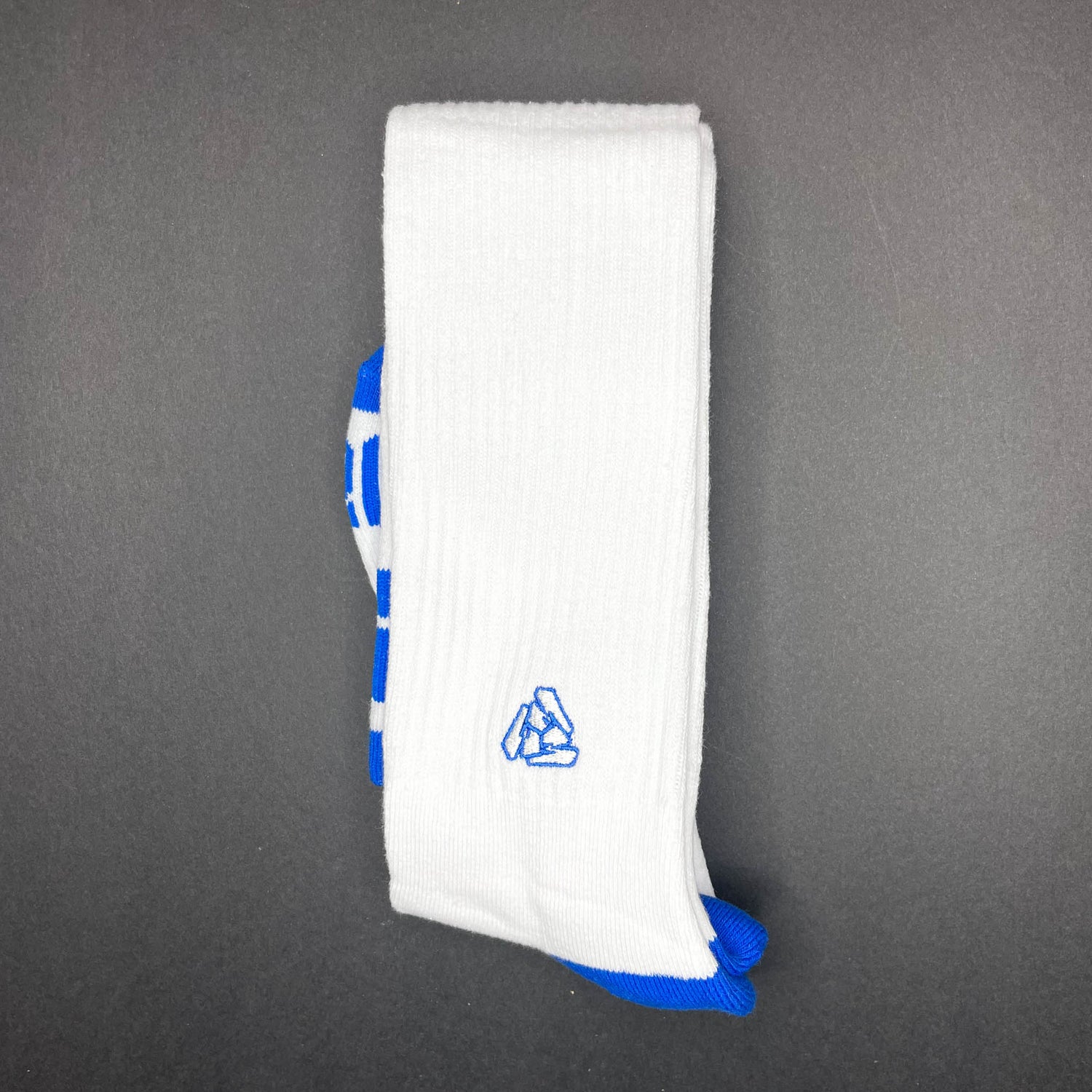 Menace Clothing blue and white Hood Rat knee high socks and Menace Tri M logo.