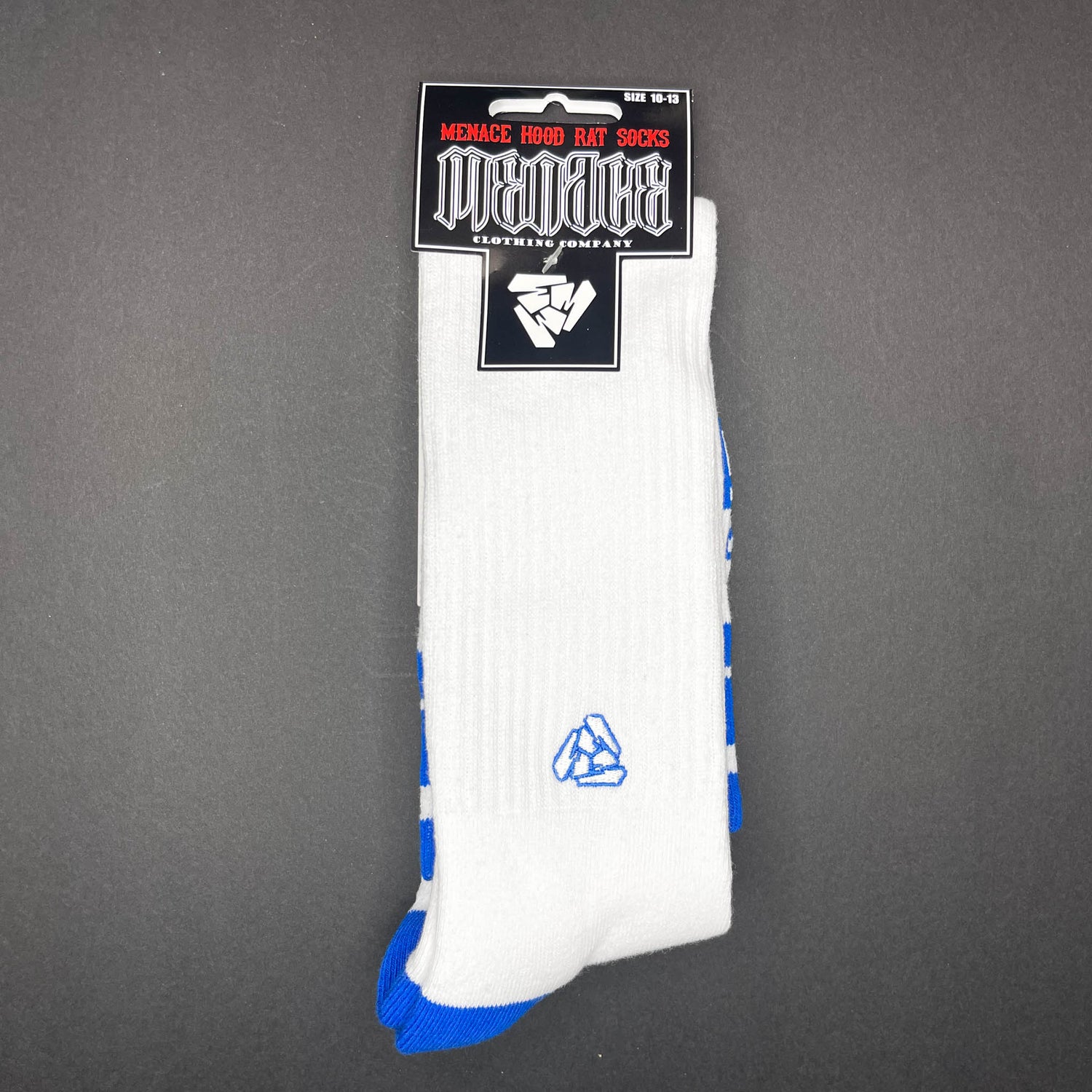 Menace Clothing Hood Rat blue and white knee high socks.