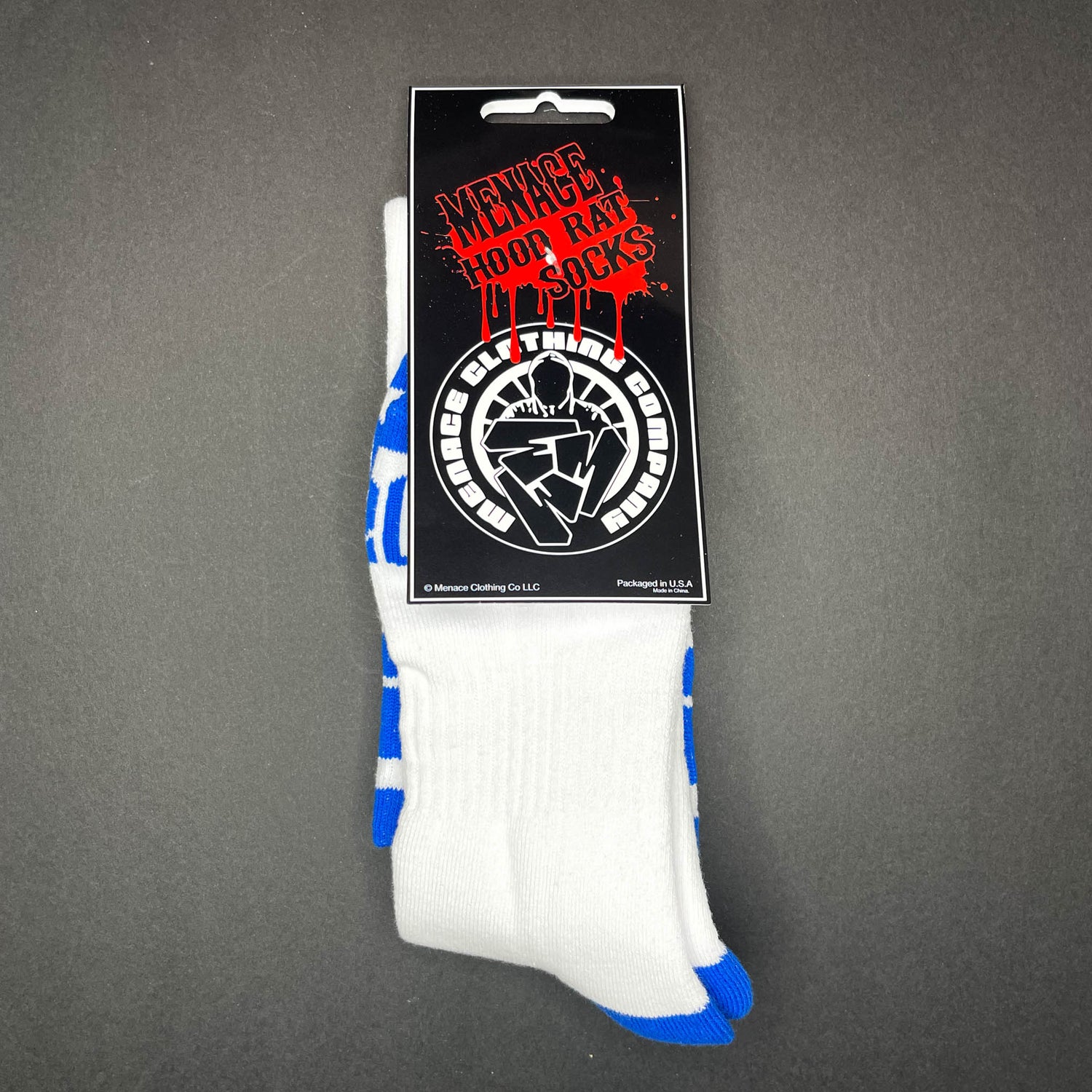Menace Clothing blue and white Hood Rat knee high socks with packaging.