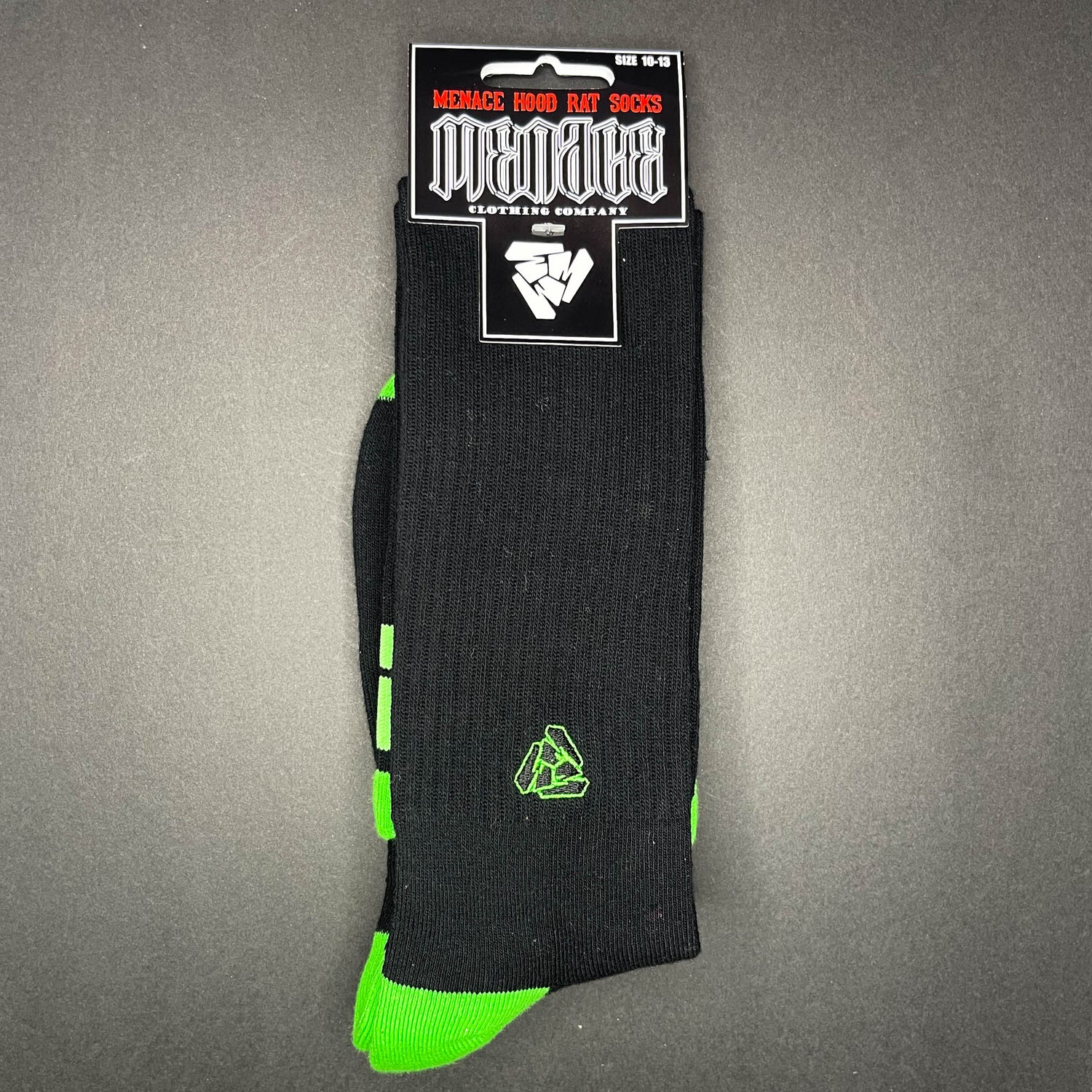 Menace Clothing Hood Rat green and black knee high socks.