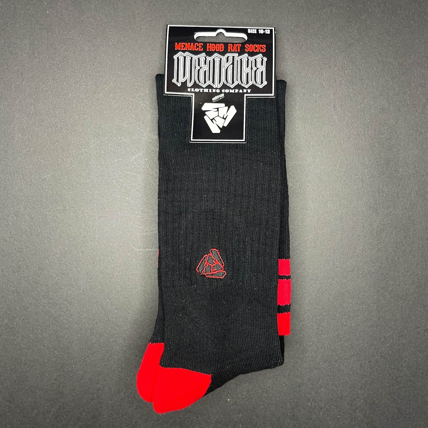 Menace Clothing Hood Rat red and black knee high socks.