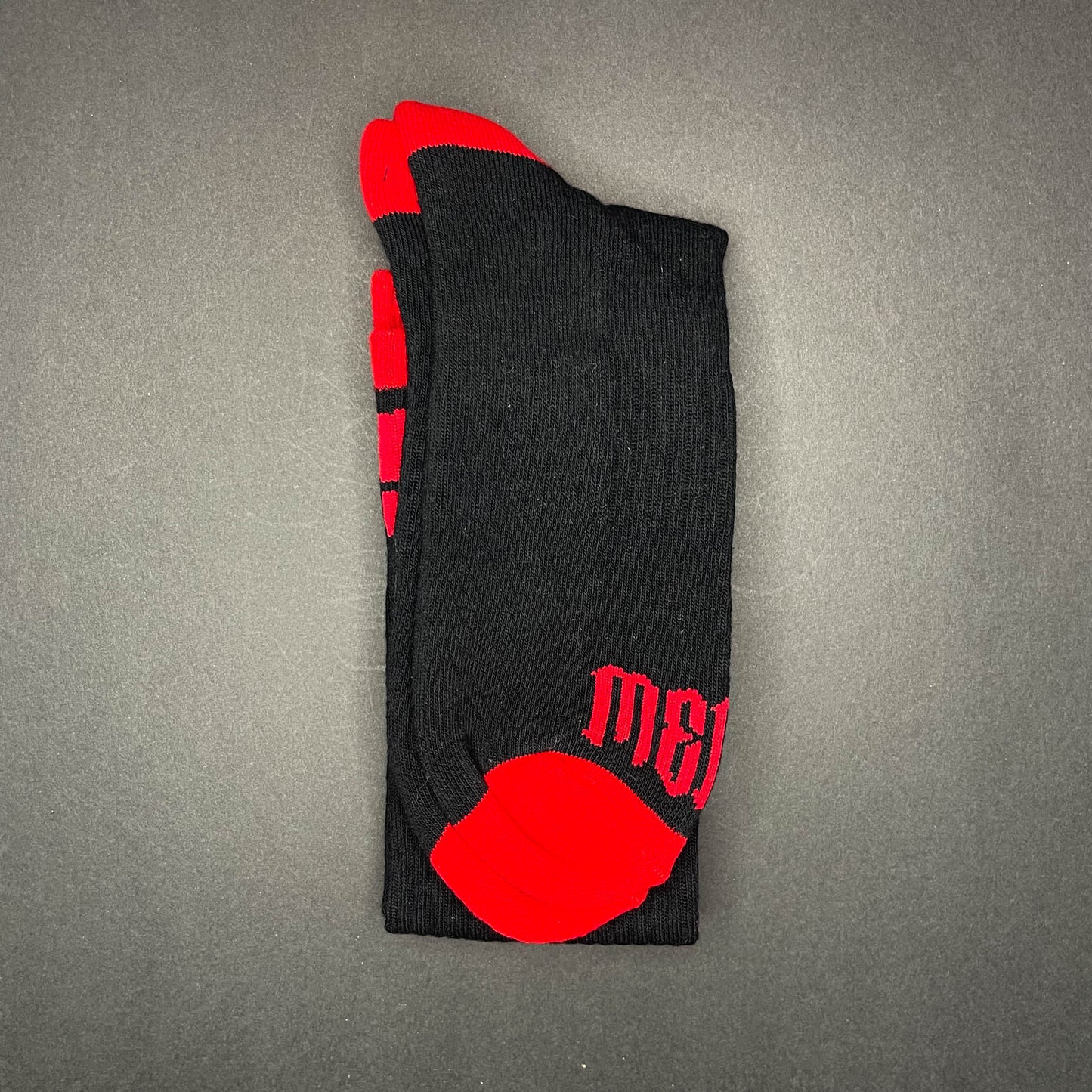 Menace Clothing red and black Hood Rat knee high socks with Menace on toes.