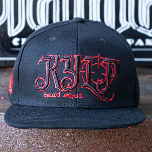 Front of Menace Clothing black and red embroidered baseball hat saying KYLP and Head Shot. 