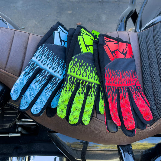 Menace clothing motorcycle gloves. Menace Mitts. Blue glove. Green glove. Red glove.