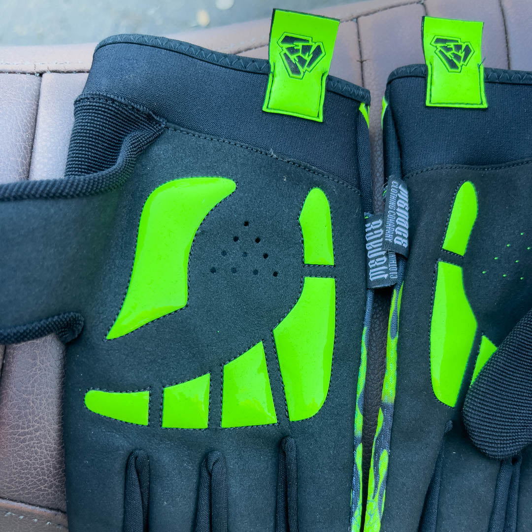 Menace Mitts Green motorcycle glove with padded palms. 