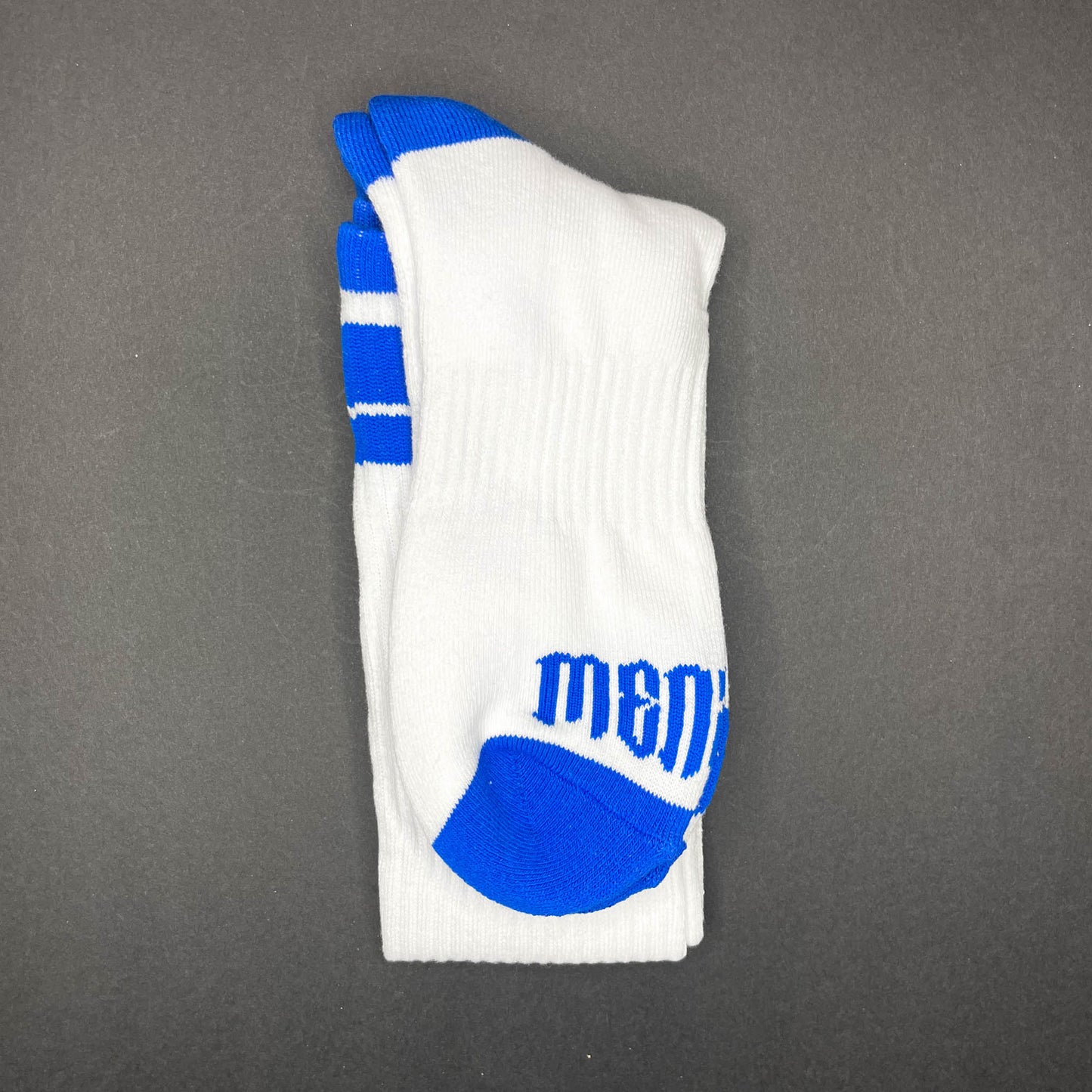 Menace Clothing blue and white Hood Rat knee high socks with Menace on toes.