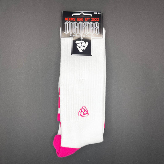 Menace Clothing Hood Rat pink and white knee high socks.