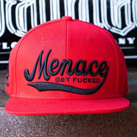 Front of Menace Clothing red baseball hat saying Get Fucked in black puff embroidery. 