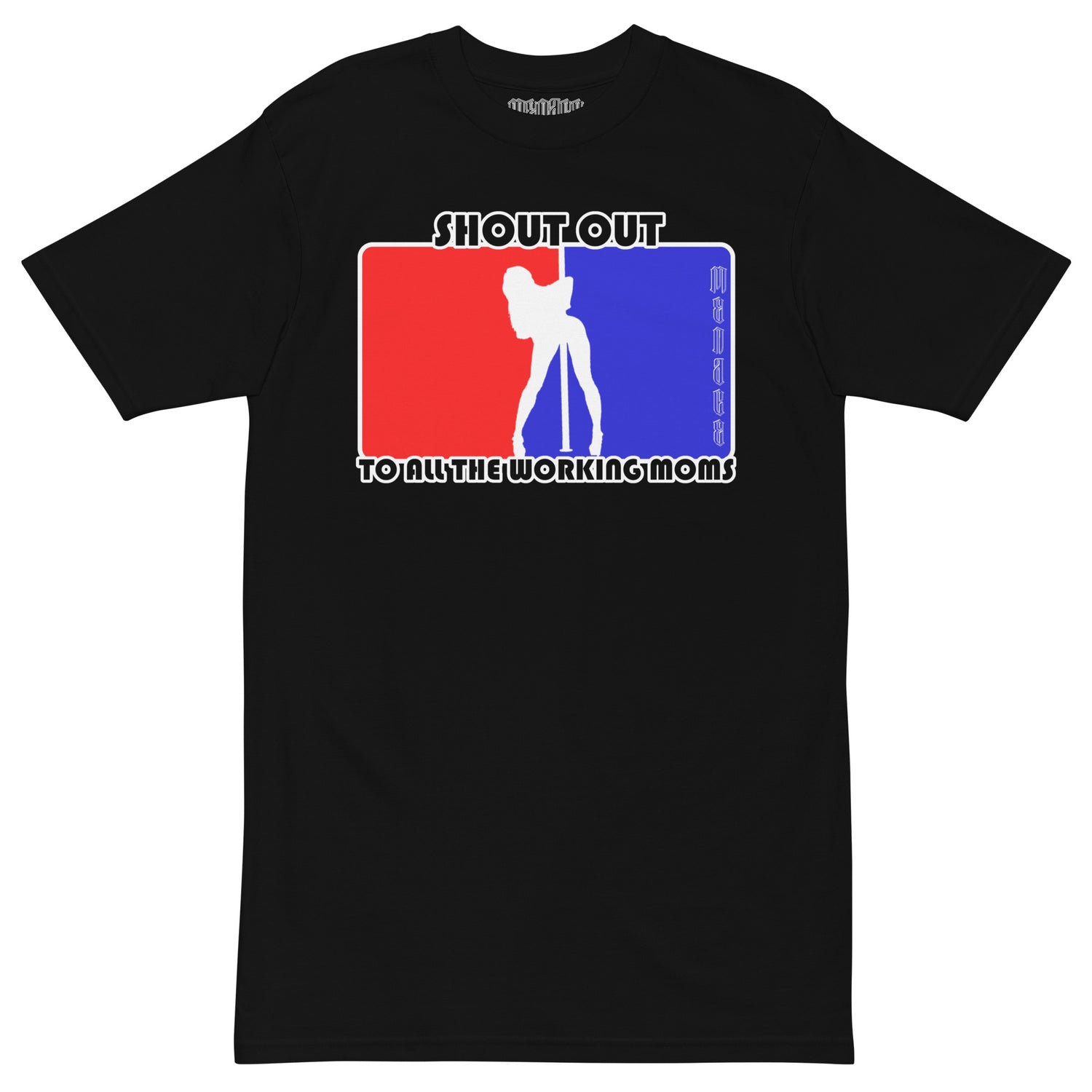 Menace Clothing Working Class Shout Out T-Shirt. Black T-Shirt with white silhouette of stripper with red on left side and blue on right side of stipper. Menace Clothing Company Working Class Shout Out T-Shirt.