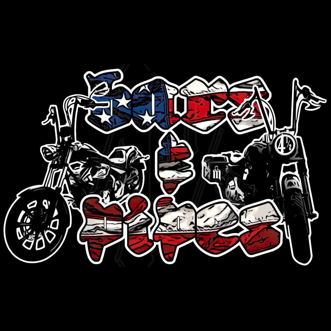 Menace Clothing Bars & Pipes graphic. Two motorcycles with Bars & Pipes spelled out in American patriotic lettering.