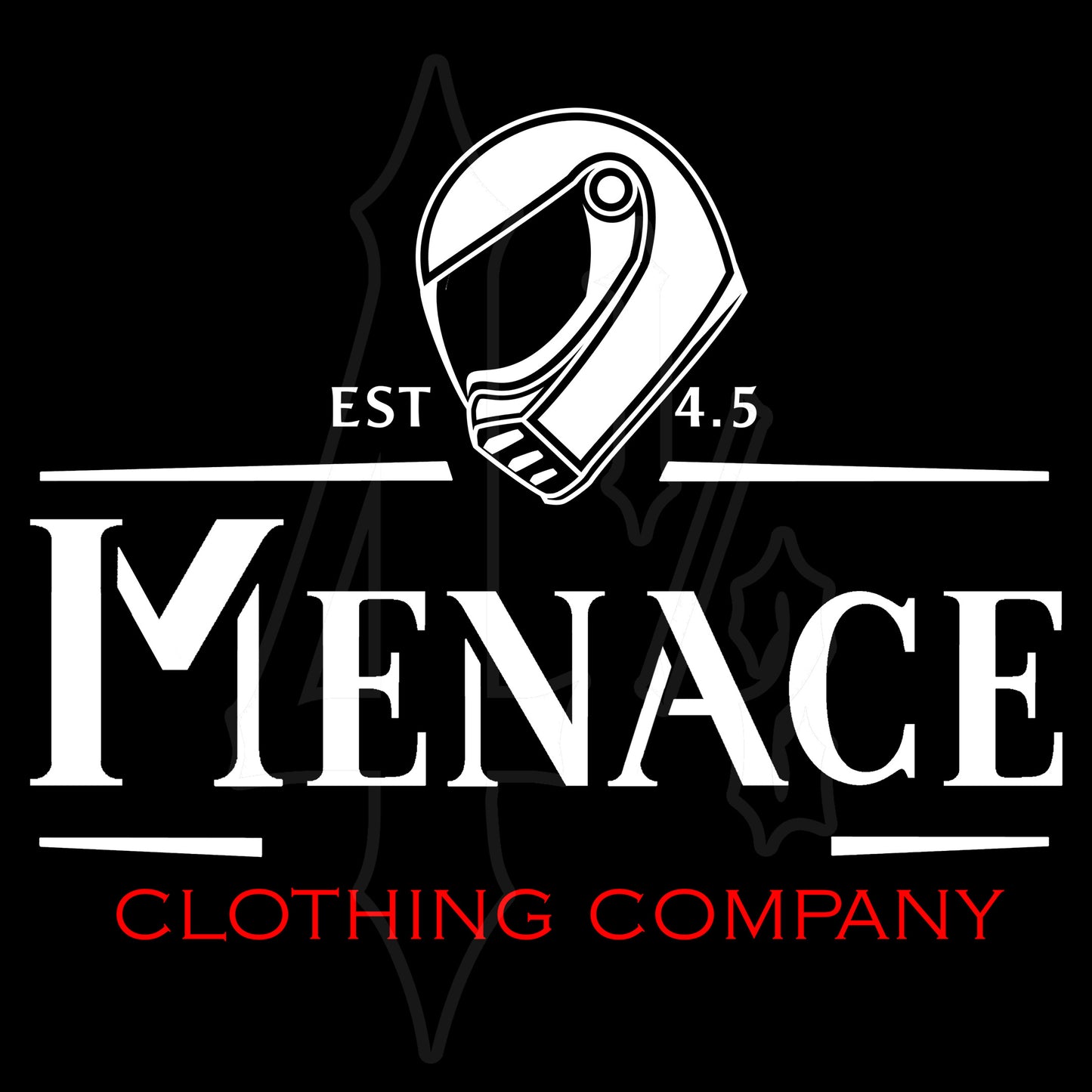 Menace Clothing Menness graphic. Motorcycle helmet with Menace written in white and clothing company in red.