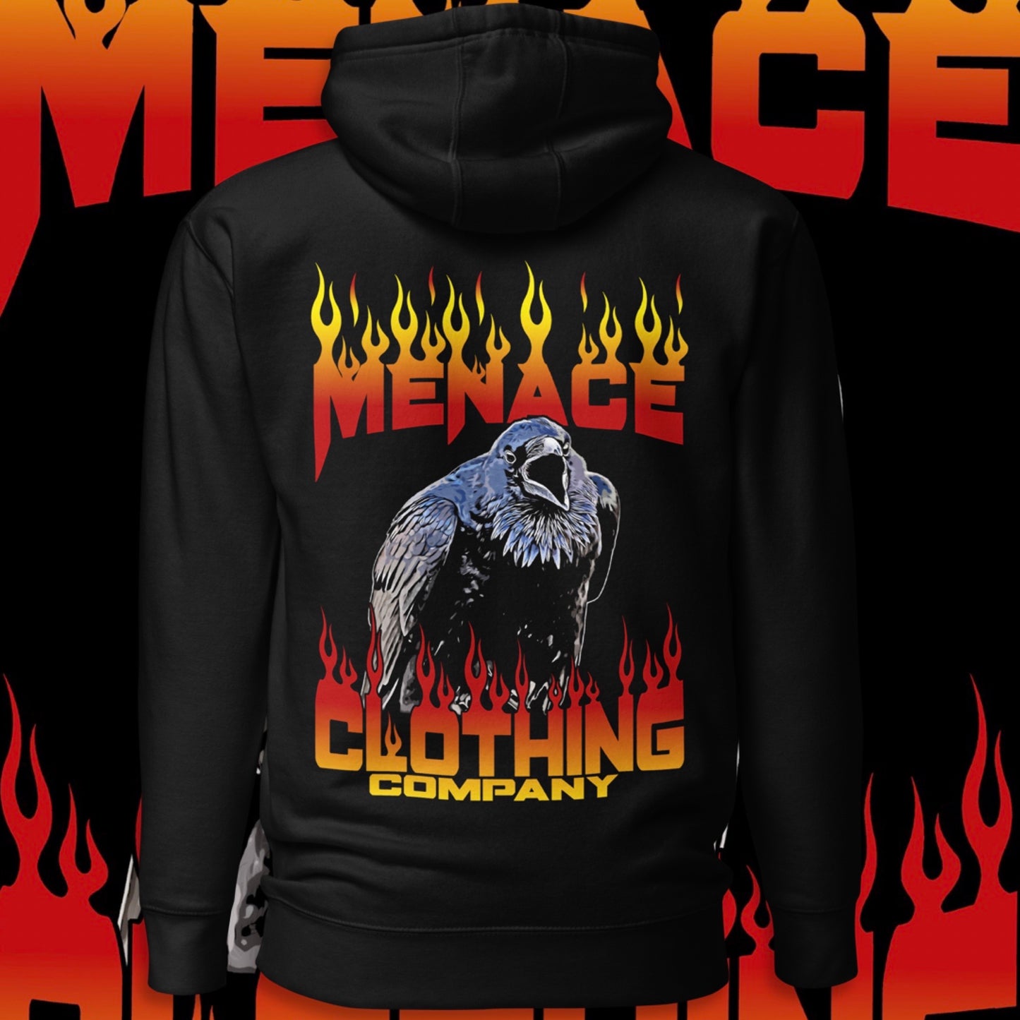 Menace Clothing Crow Hoodie. Black hoodie with Menace Clothing Crow graphic on back of the hoodie. Colorful crow with Menace Clothing Company written in flames.
