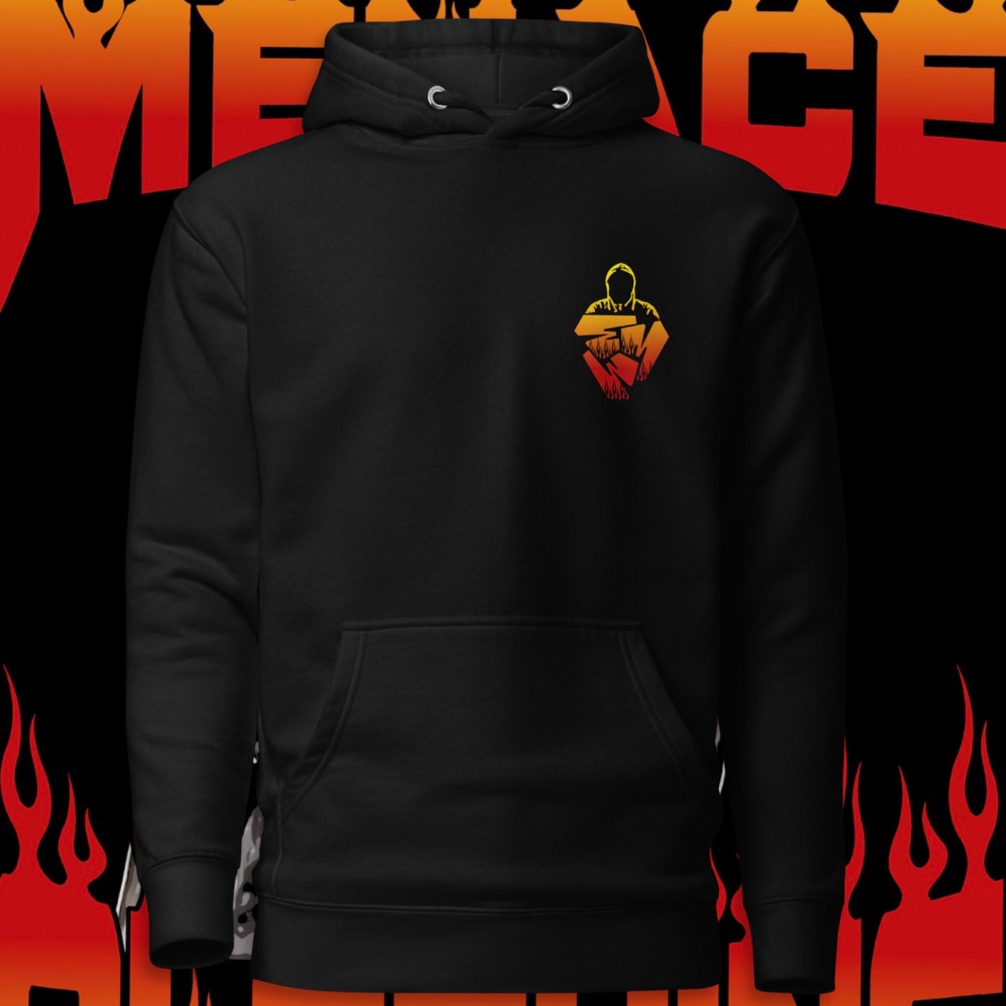 Menace Clothing Crow Hoodie. Black hoodie with Menace Clothing Tri M logo on front left chest of the hoodie.