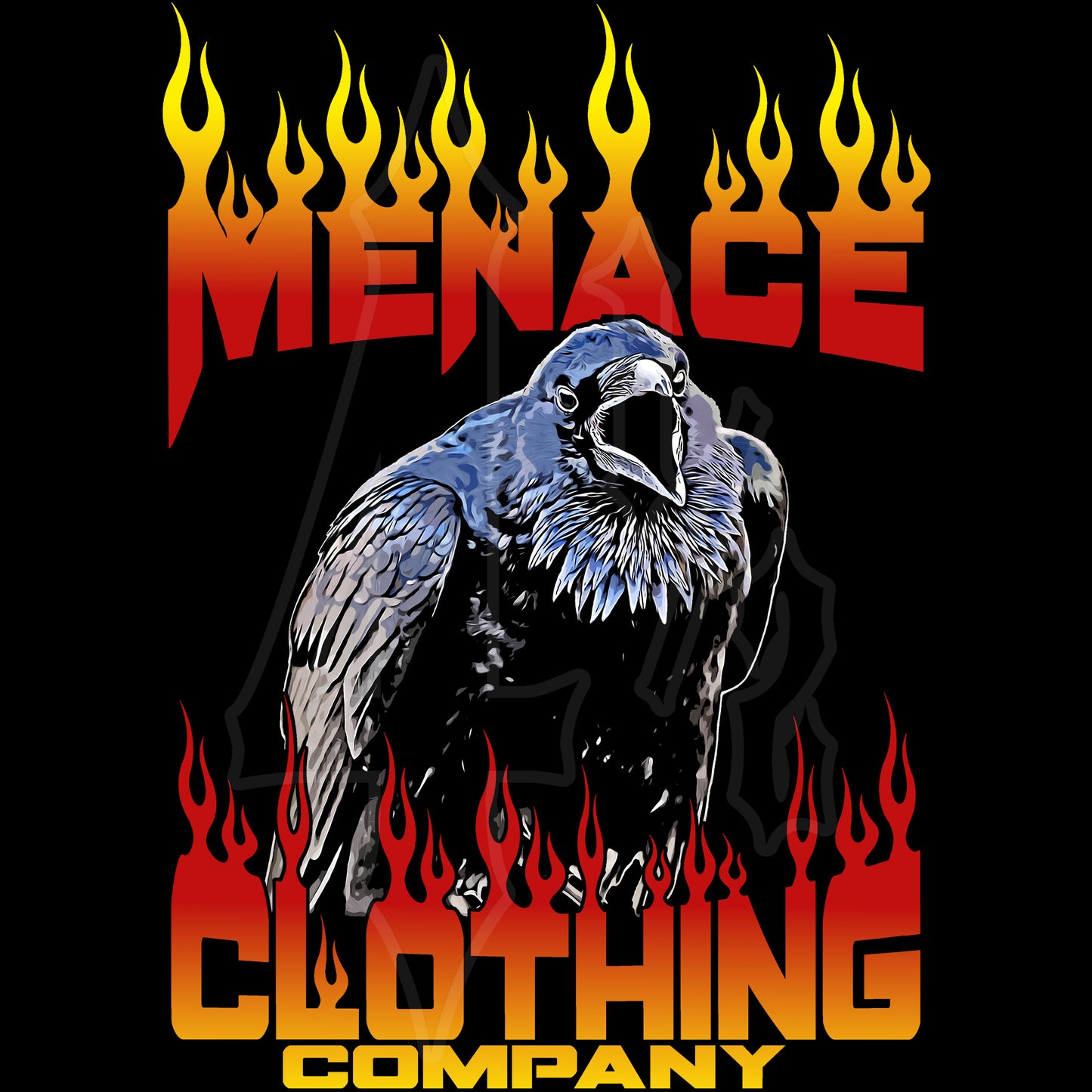 Menace Clothing Crow graphic. Colorful crow with Menace Clothing Company written in flames.