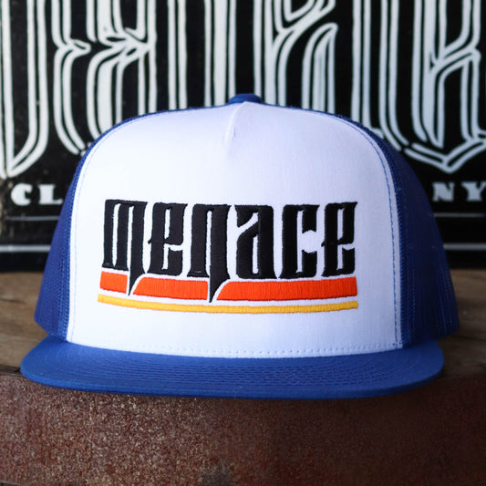 Royal blue mesh snap back hat with embroidered Menace in black, underlined by orange and yellow lines.