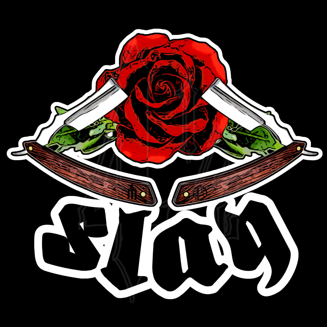 Menace Clothing Slay graphic. Rose with two straight razors and slay lettering.